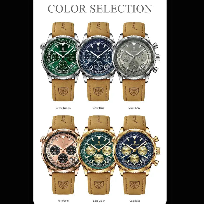 A collection of aviation-style chronograph watches in multiple colors, all with leather straps.