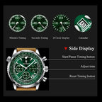 Close-up of aviation-style chronograph watch functions, including timing dials and adjustment buttons.