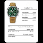 Product specifications of the aviation-style chronograph watch, detailing dimensions, materials, and waterproof rating.