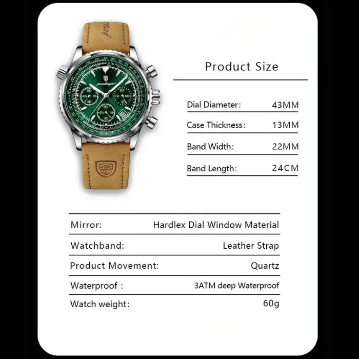 Product specifications of the aviation-style chronograph watch, detailing dimensions, materials, and waterproof rating.