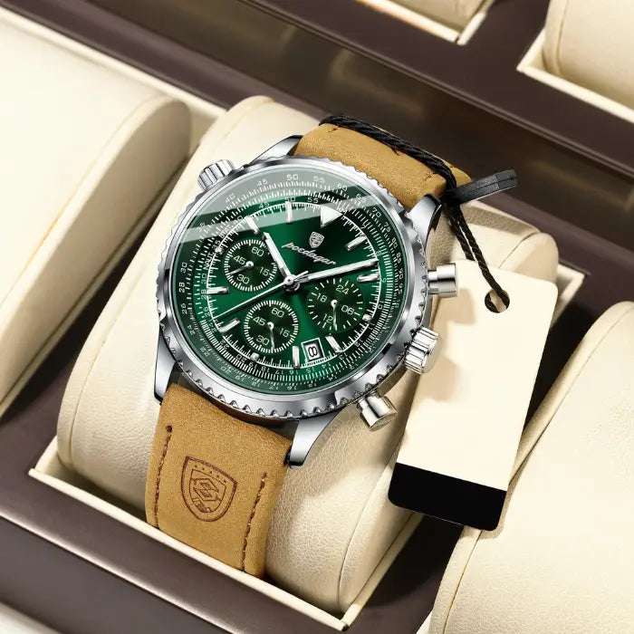 Aviation-style chronograph watch with a green dial and leather strap, crafted for durability and style.