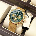 Gold aviation-style chronograph watch with a green dial and leather strap, featuring intricate subdials.