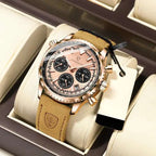 Rose gold aviation-style chronograph watch with a leather strap, featuring precision subdials.