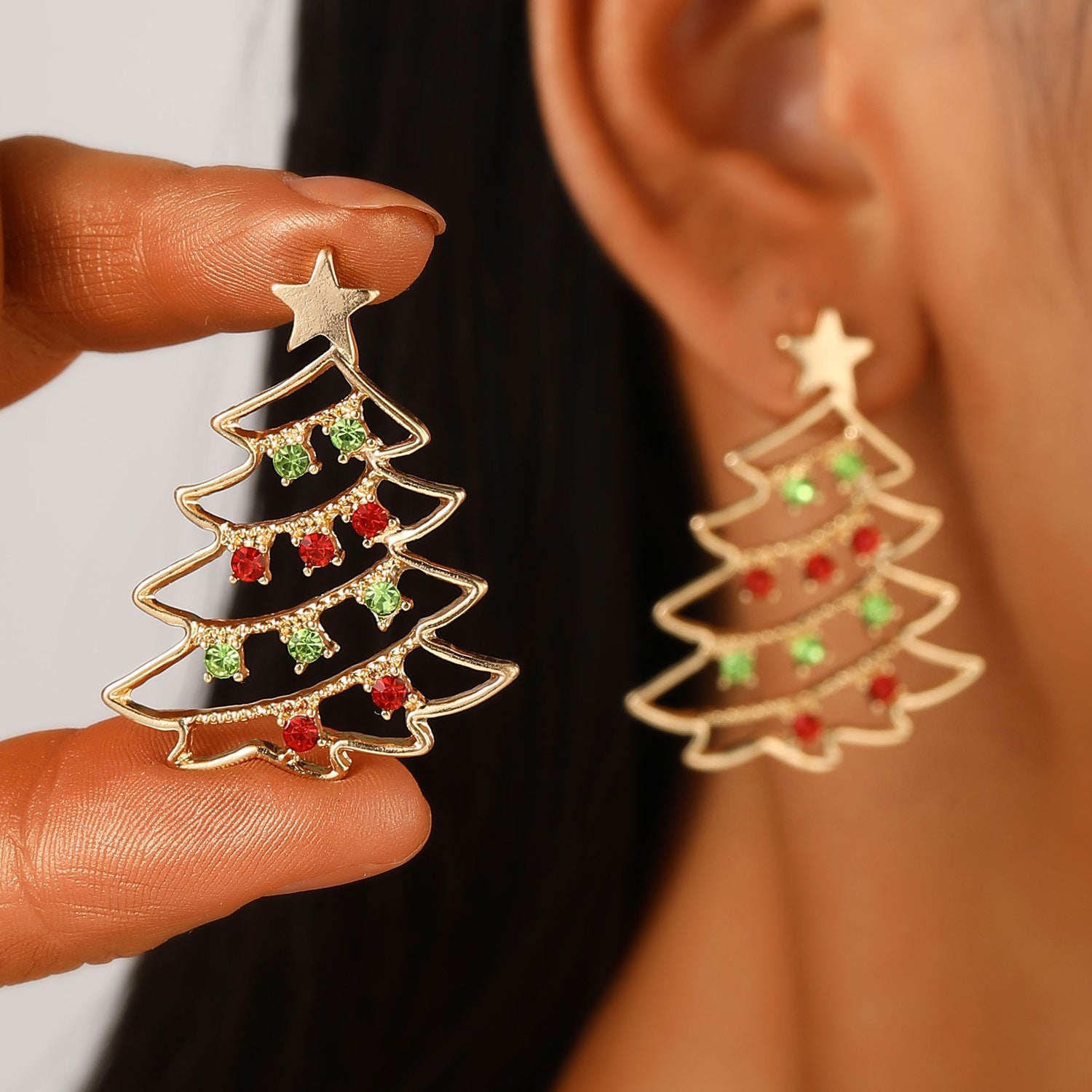 Christmas Tree Earrings Gold Red Green Festive Sparkle