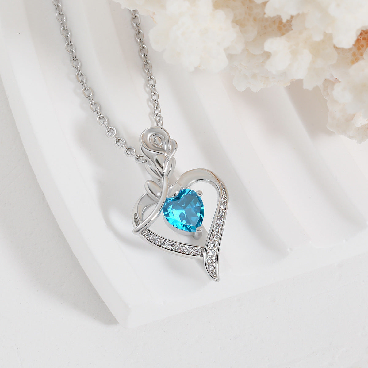 Rose Heart Necklace - Elegant Silver Gemstone Pendant