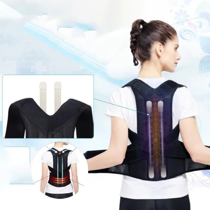 This back brace for posture use shows different scenarios like studying and relaxation where the brace helps alignment.