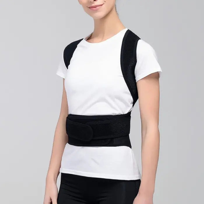 This back brace for posture demonstration on a woman highlights easy adjustability and comfort for daily wear.