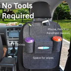 Car back seat organizer with compartments for drinks, phone, pencil, and wipes, with text 'No Tools Required'.