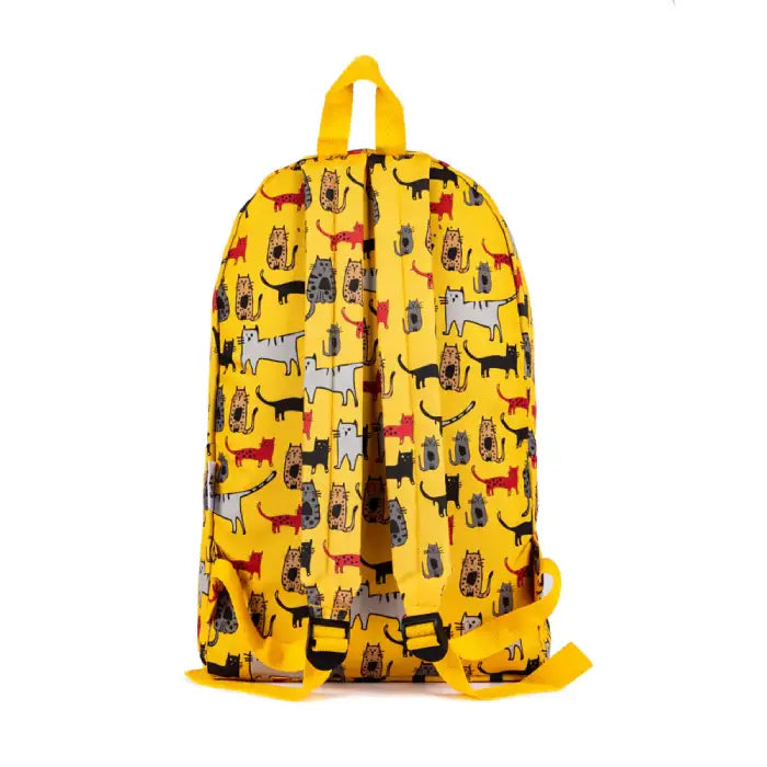 Back view of a yellow backpack with adjustable straps and colorful illustrated cat design.