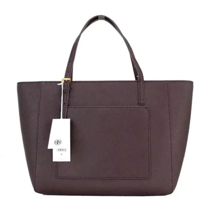 Back view of Tory Burch Emerson brown tote with tag, showcasing the minimalist design and sturdy leather.