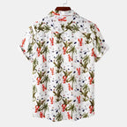  Back view of men's plus size tropical Hawaiian print short sleeve shirt with palm tree and lobster pattern