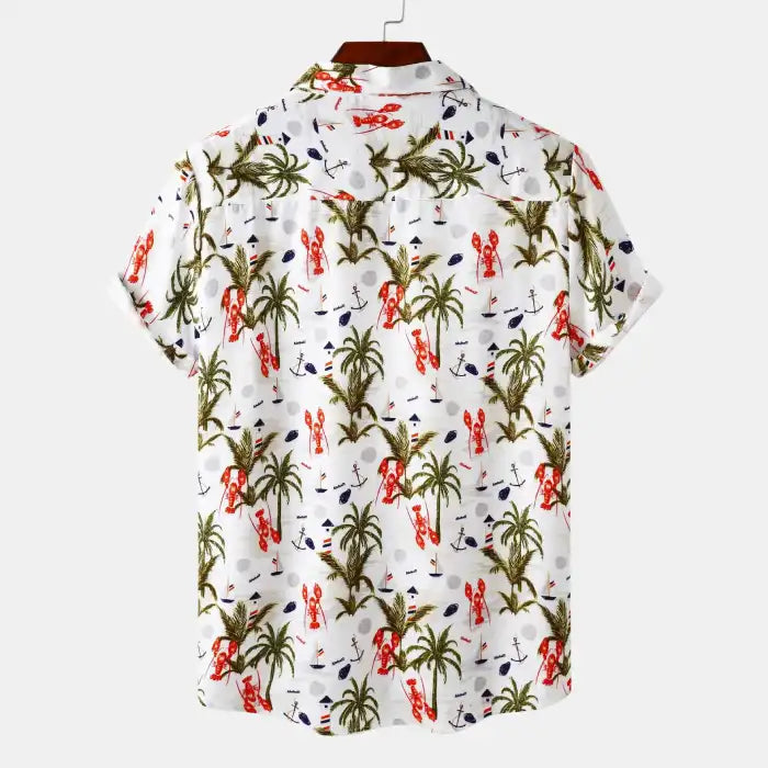  Back view of men's plus size tropical Hawaiian print short sleeve shirt with palm tree and lobster pattern