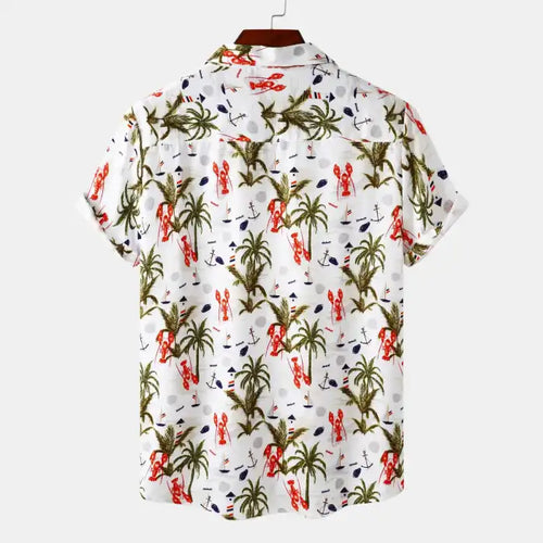  Back view of men's plus size tropical Hawaiian print short sleeve shirt with palm tree and lobster pattern