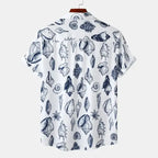  Back view of men's plus size printed button up short sleeve shirt with navy seashell print on white background