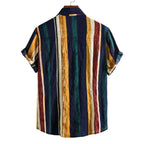 Back view of men's plus size striped short sleeve button-up shirt with vertical multicolor stripes and rolled cuffs