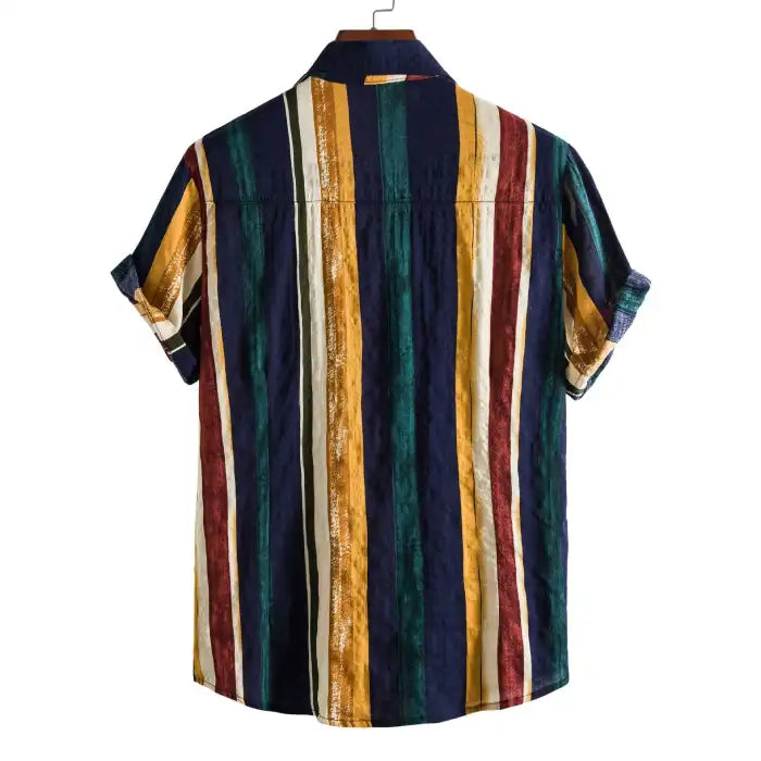 Back view of men's plus size striped short sleeve button-up shirt with vertical multicolor stripes and rolled cuffs