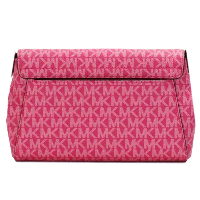 Back view of Michael Kors pink crossbody bag, displaying the signature MK logo pattern and sleek design.