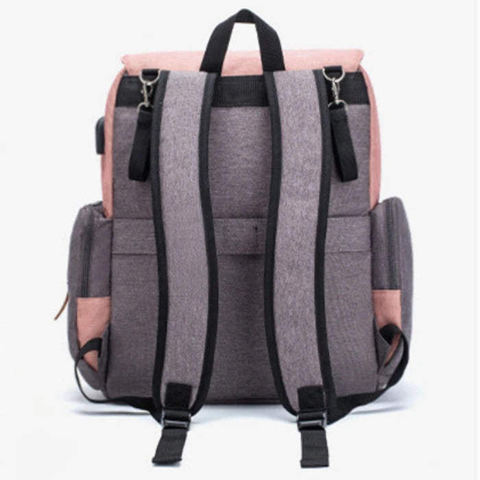 Ergonomic diaper backpack with adjustable padded straps and reinforced back panel for comfortable all-day wear