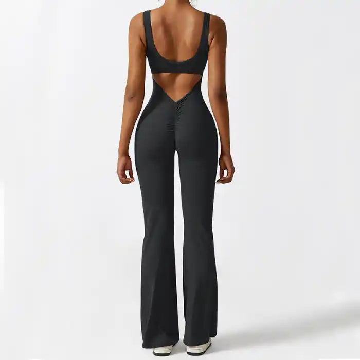 backless flare jumpsuit black with open back and scrunch detail