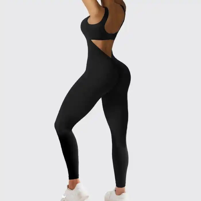 backless flare jumpsuit black side cutout and close fit showing silhouette

