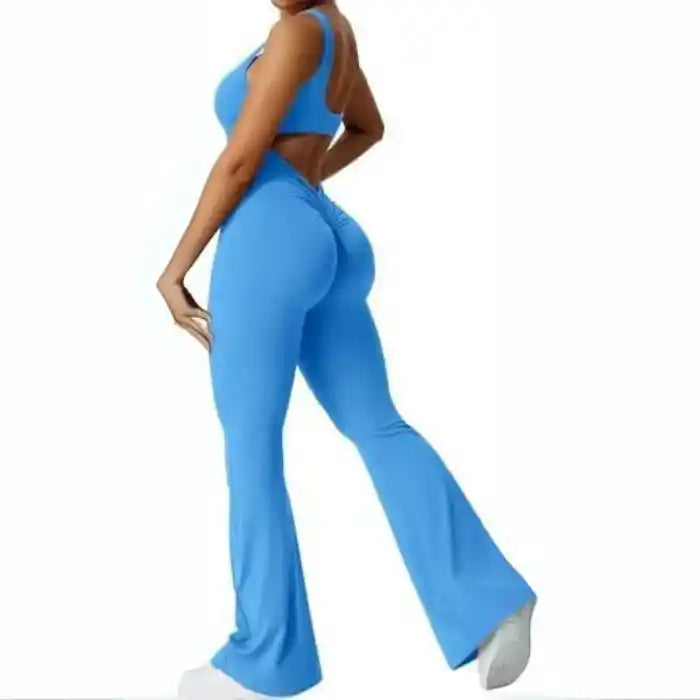  backless flare jumpsuit in bright blue with seamless fabric and sculpted back cut