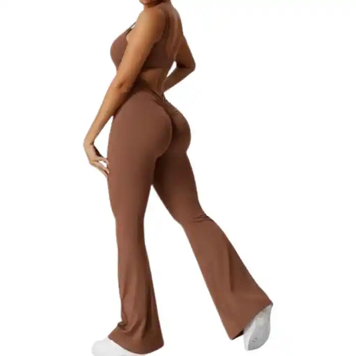  backless flare jumpsuit brown with body-hugging fit and open back detail

