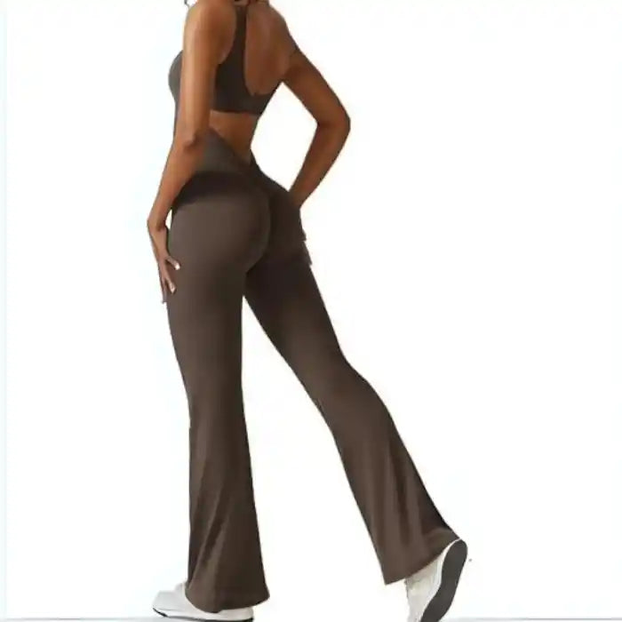backless flare jumpsuit in coffee brown with bootcut style and open back cut