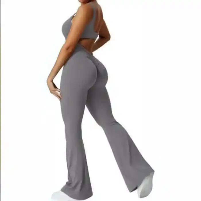 backless flare jumpsuit in grey with wide legs, seamless fit and scooped sides