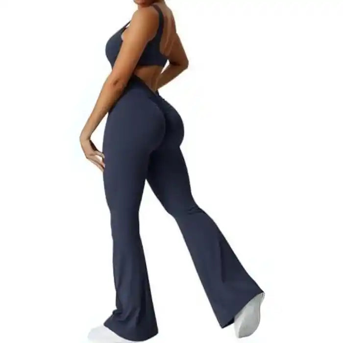  backless flare jumpsuit in navy with scoop sides and scrunch detail on back