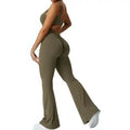  backless flare jumpsuit olive green with scrunch butt and open back detail

