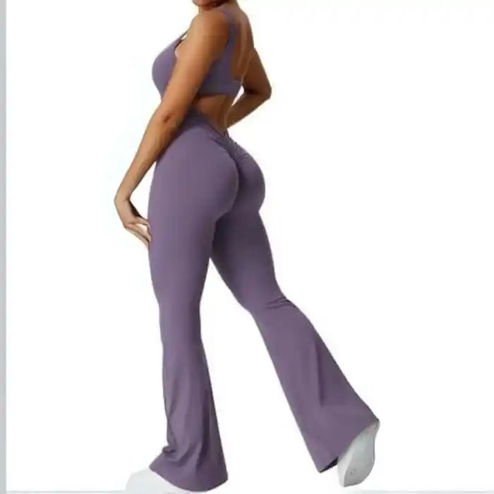 backless flare jumpsuit in purple with smooth fabric, flared legs and contour shaping