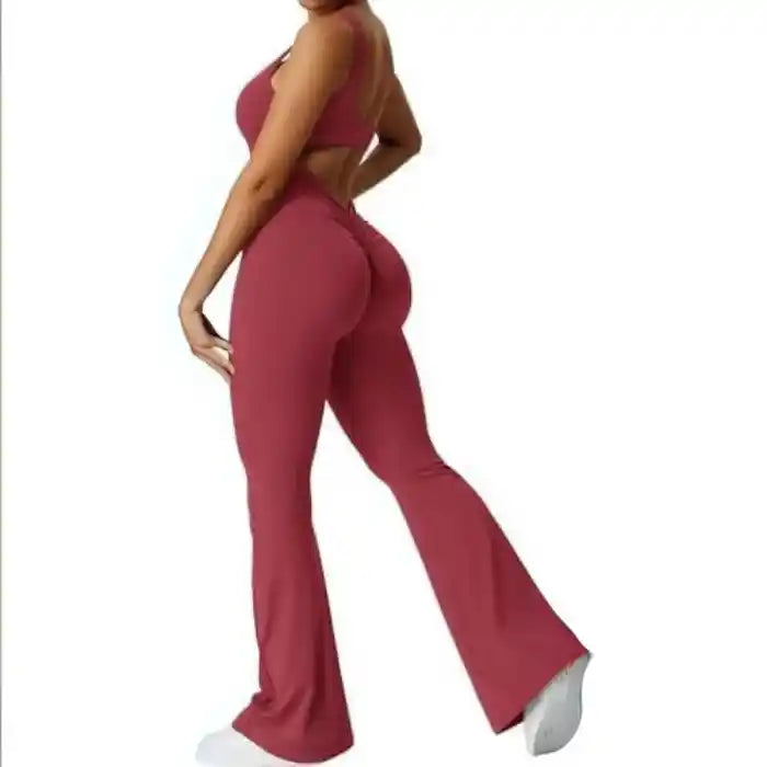 backless flare jumpsuit red with soft stretch and curve-accenting ruched back
