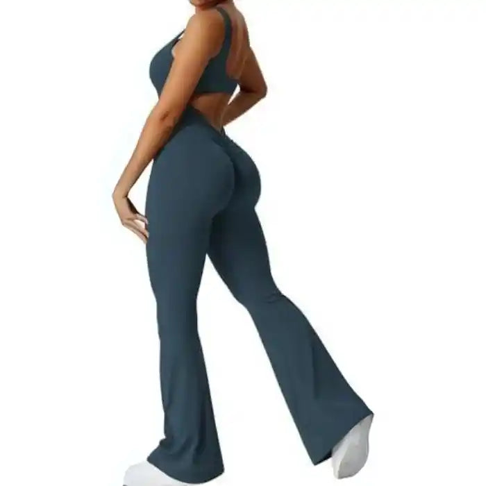 backless flare jumpsuit in teal blue with soft stretch and scrunched seam design