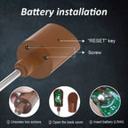 Baking thermometer spatula battery compartment showing reset key, screws, and step-by-step LR44 battery installation process for digital temperature display