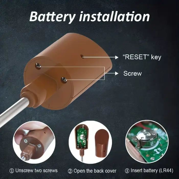 Baking thermometer spatula battery compartment showing reset key, screws, and step-by-step LR44 battery installation process for digital temperature display