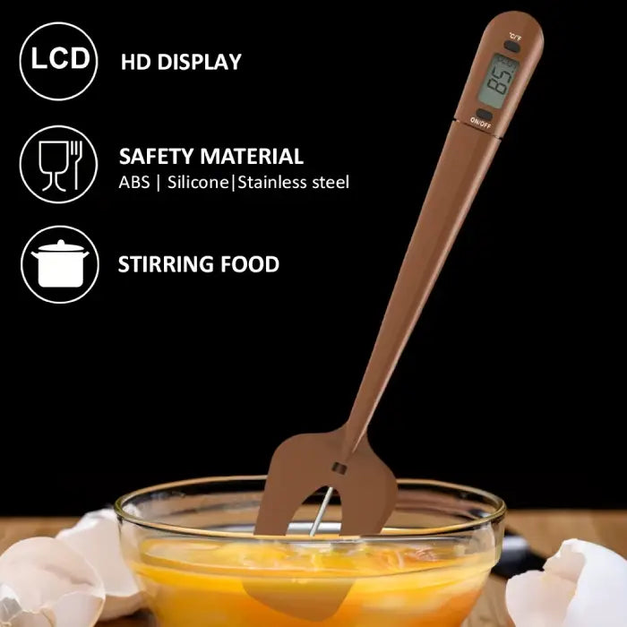 Baking thermometer spatula with HD LCD display, made from food-safe ABS, silicone and stainless steel materials, perfect for stirring custards and sauces