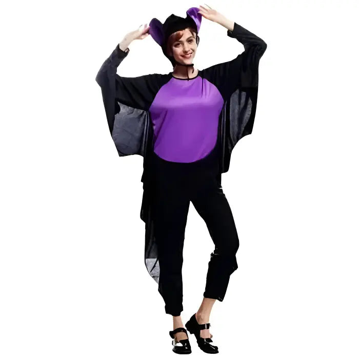 Bat Halloween costume with purple chest detail and wing sleeves.