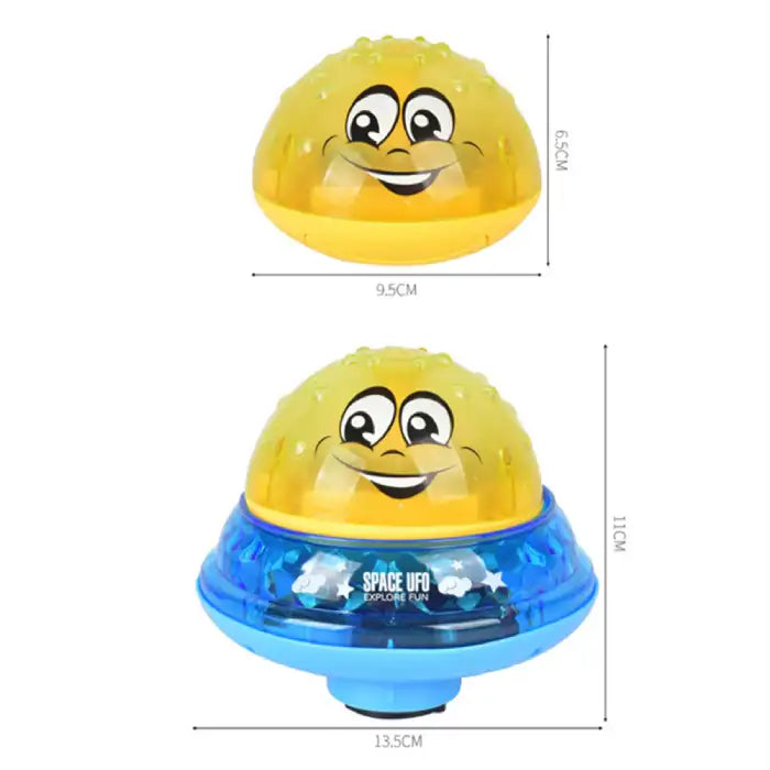 Bath toys in UFO shape shown with detailed size dimensions, perfect for toddler bath or pool fun.