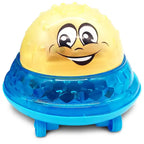 Bath toys shaped like smiling UFO with rolling blue base and light-up features for bath or floor fun.