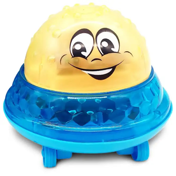 Bath toys shaped like smiling UFO with rolling blue base and light-up features for bath or floor fun.