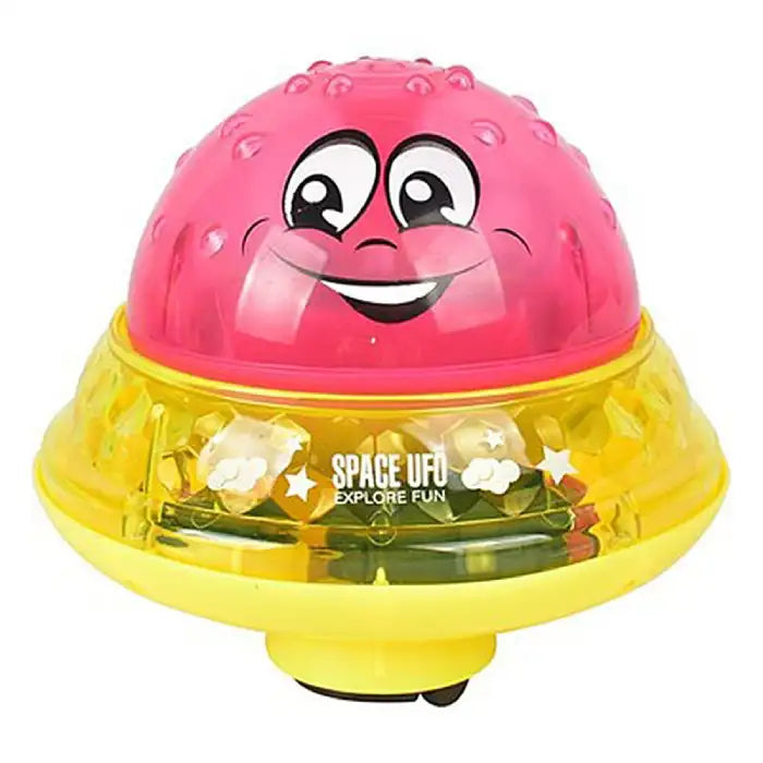 Bath toys designed as UFO with red and yellow colors, features smiling face and spinning lights.
