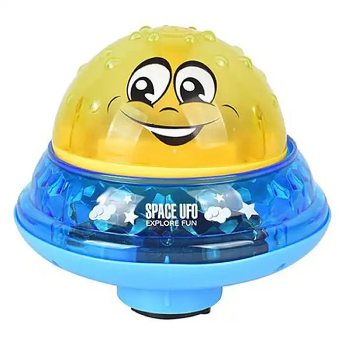 Bath toys in yellow and blue UFO shape with smiling face and fun light-up design for tub or pool play.