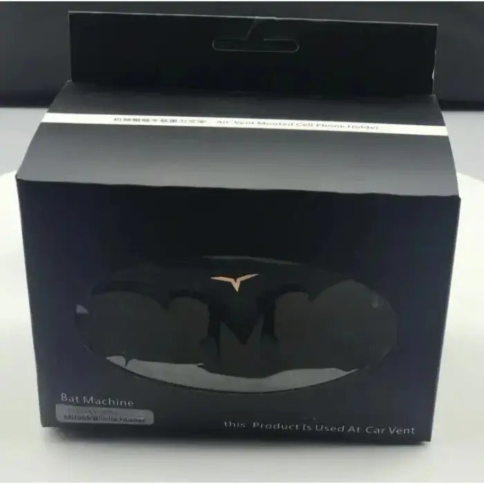 Black retail box for Bat Machine car vent phone holder with bat-wing silhouette design and gold emblem