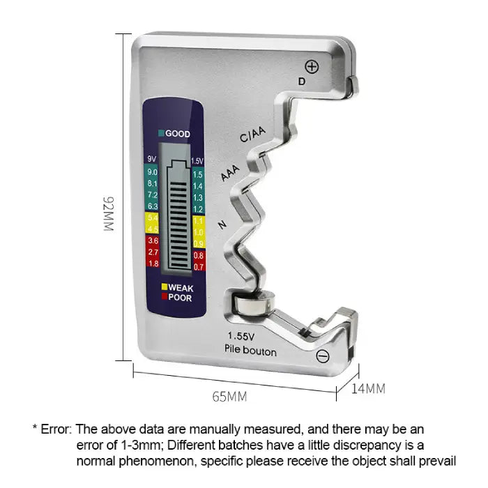 Compact battery tester with 92mm height, showing a multi-color display and compatibility with various battery sizes.