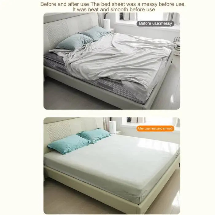 Before and after comparison of a bed using bed sheet secure clips for a smooth, neat finish.
