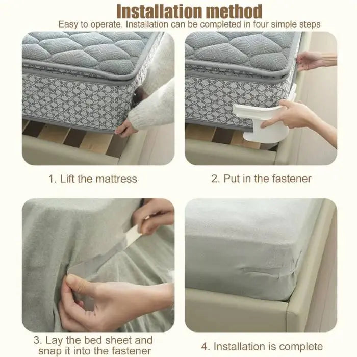 Step-by-step installation of bed sheet secure clips under a mattress to hold sheets in place.