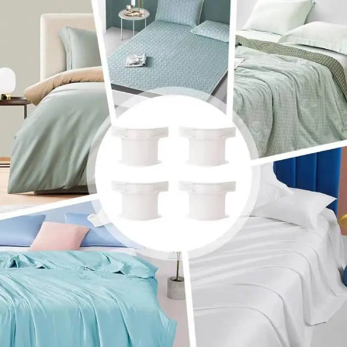 Set of four bed sheet secure clips shown with various bedding styles for versatile use.