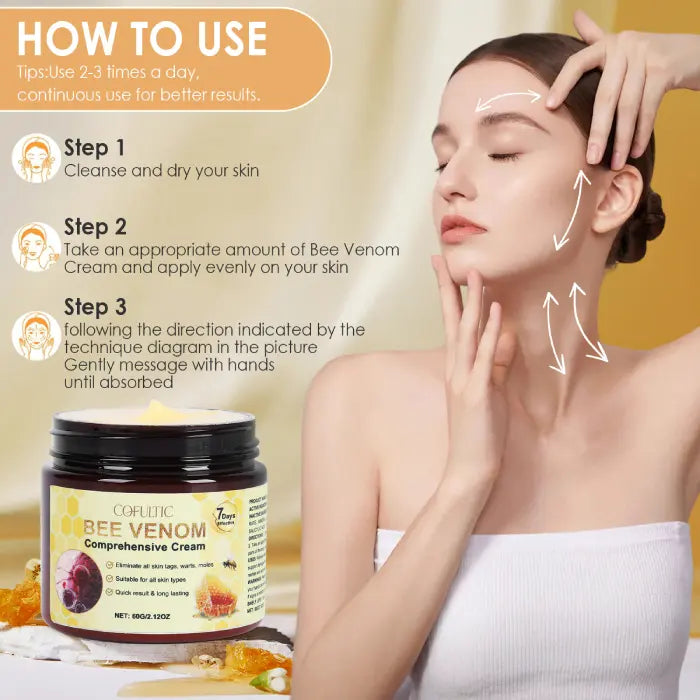 Bee venom cream usage steps showing facial massage instructions for better skin absorption and glow.