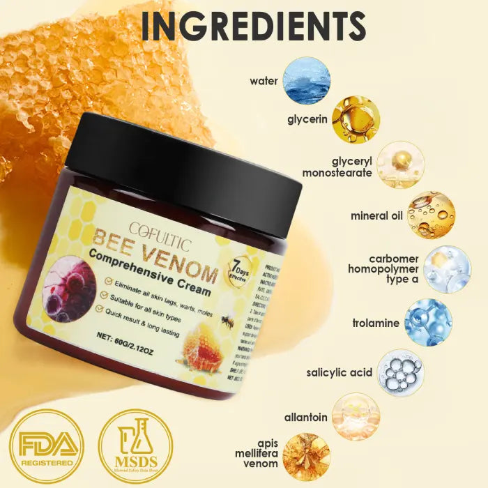 Bee venom cream with natural ingredients like salicylic acid, allantoin, glycerin, and apis venom.