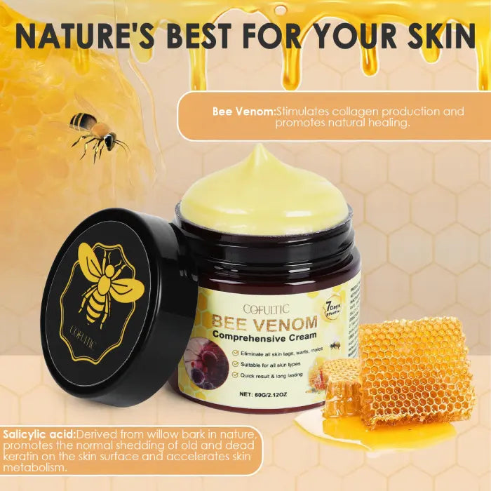 Bee venom cream with collagen-boosting and healing properties plus salicylic acid for exfoliation.